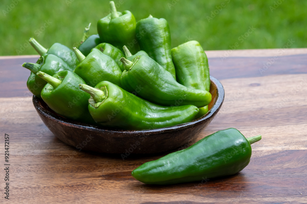 Padron green Spanish pepper or Herbón pepper landrace variety of pepper Capsicum annuum from municipality of Padron in northwestern Spain Padron green Spanish pepper or Herbón pepper landrace variety of pepper Capsicum annuum from municipality of Padron in northwestern Spain