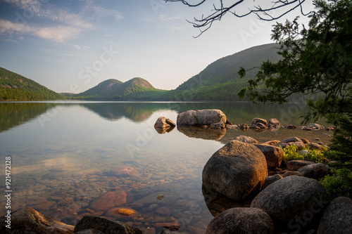 Obraz na płótnie Serene View of Jordan Pond with Boulders, Acadia National Park