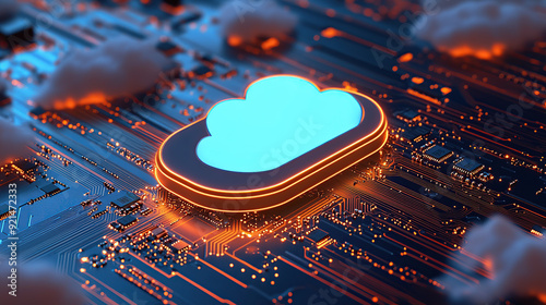3D rendering of blue cloud icon on circuit board with chip and micro belts