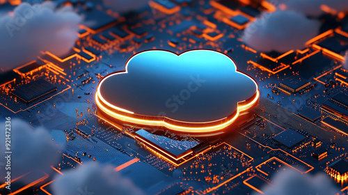 3D rendering of blue cloud icon on circuit board with chip and micro belts