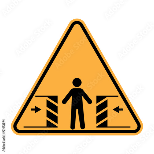 Warning sign icon. Crushing hazard symbol. Black figure in triangle. Bold yellow background.