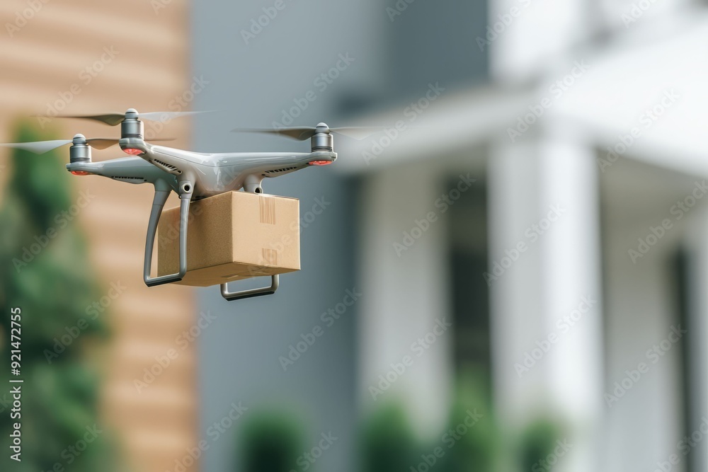 A drone delivering a package in an urban setting, showcasing modern technology and convenience in delivery services. A drone delivering a package in an urban setting, showcasing modern technology and convenience in delivery services.