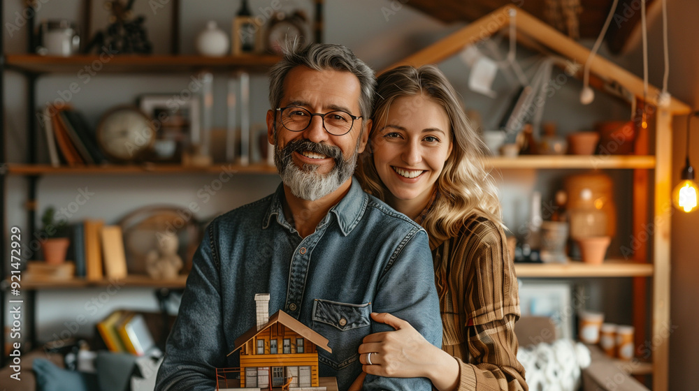 Smiling couple holding a small house model in a cozy home setting. Smiling couple holding a small house model in a cozy home setting.