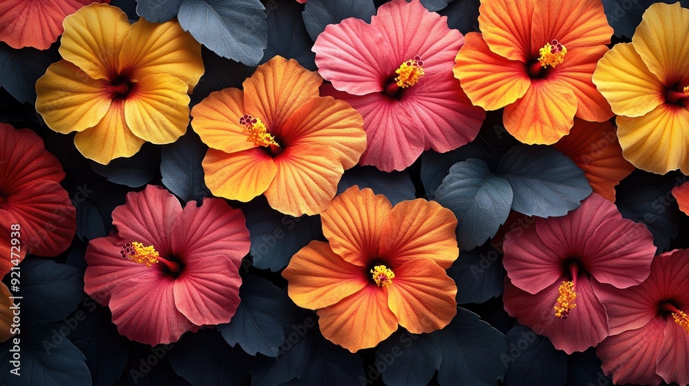 Charming small hibiscus flowers in vibrant reds and yellows on a black background, forming a tropical and lively floral pattern ideal for summer fashion or beach accessories Charming small hibiscus flowers in vibrant reds and yellows on a black background, forming a tropical and lively floral pattern ideal for summer fashion or beach accessories