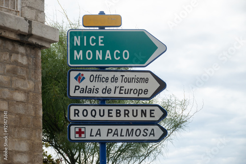 Driving car or camper on free on Cote d'azur, French Riviera in summer, road signs and directions, traffic jam on touristic road in France photo