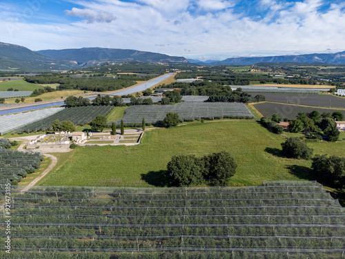 Agricultural region with lavender or lavandine plants, fruit orchards near Sisteron, Haute-Durance, Franse departement Alpes-de-Haute-Provence, in summer photo