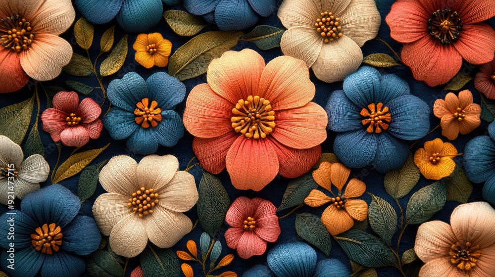 Close-up of a vibrant floral fabric pattern with intricate details of blooming flowers and leaves, perfect for upholstery or clothing design, in rich reds, blues, and greens Close-up of a vibrant floral fabric pattern with intricate details of blooming flowers and leaves, perfect for upholstery or clothing design, in rich reds, blues, and greens