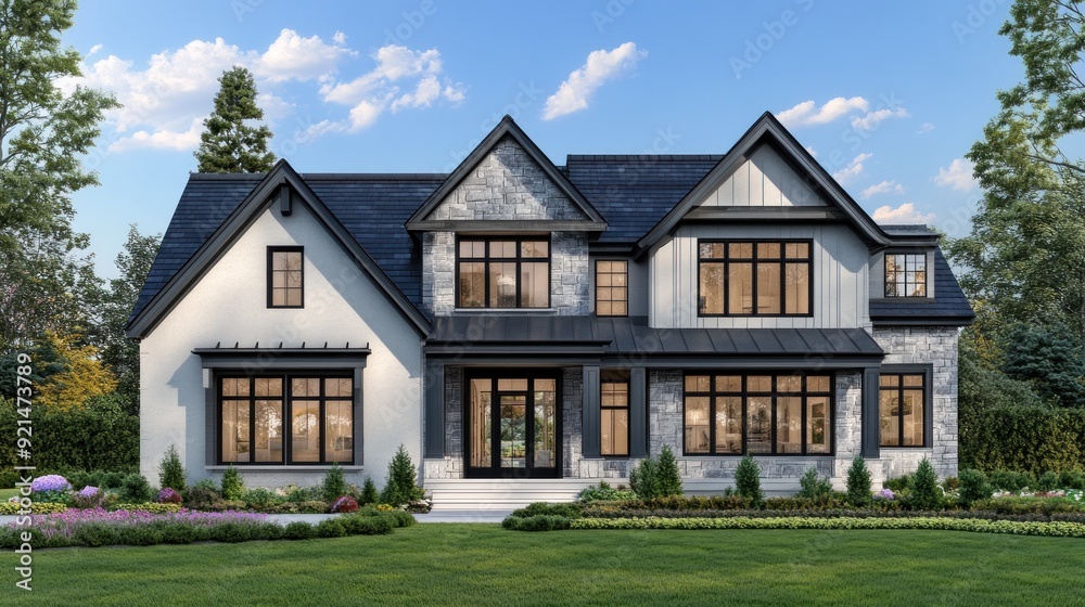 A modern two-story house with a stone facade, black windows, and a black roof. The house is surrounded by a lush green lawn and colorful flowerbeds. A modern two-story house with a stone facade, black windows, and a black roof. The house is surrounded by a lush green lawn and colorful flowerbeds.
