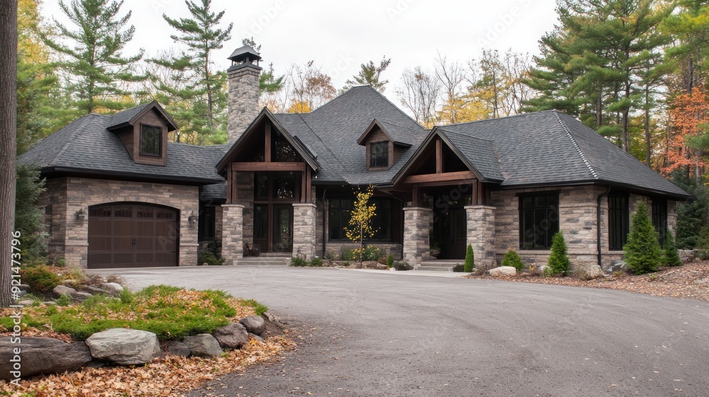A modern, stone house with a black roof and a long driveway surrounded by a forest.