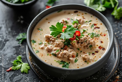 vegetable soup with bread and herbs