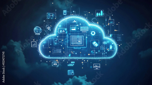 A cloud with various digital icons floating above it