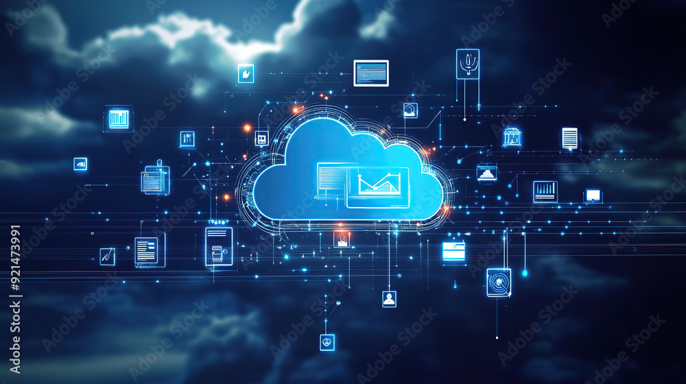 A cloud with various digital icons floating above it A cloud with various digital icons floating above it