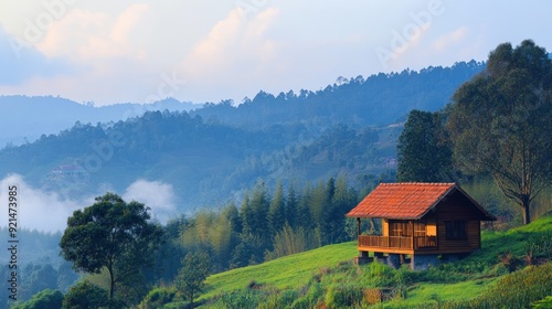 A wooden cabin nestled on a hillside overlooking a misty valley.