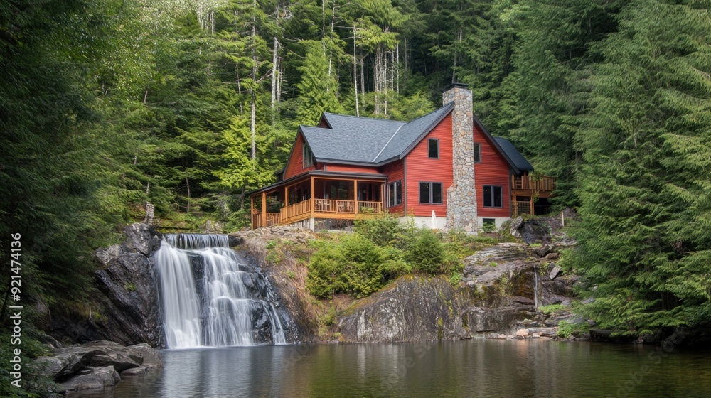 A red cabin nestled in a forest by a waterfall. A red cabin nestled in a forest by a waterfall.
