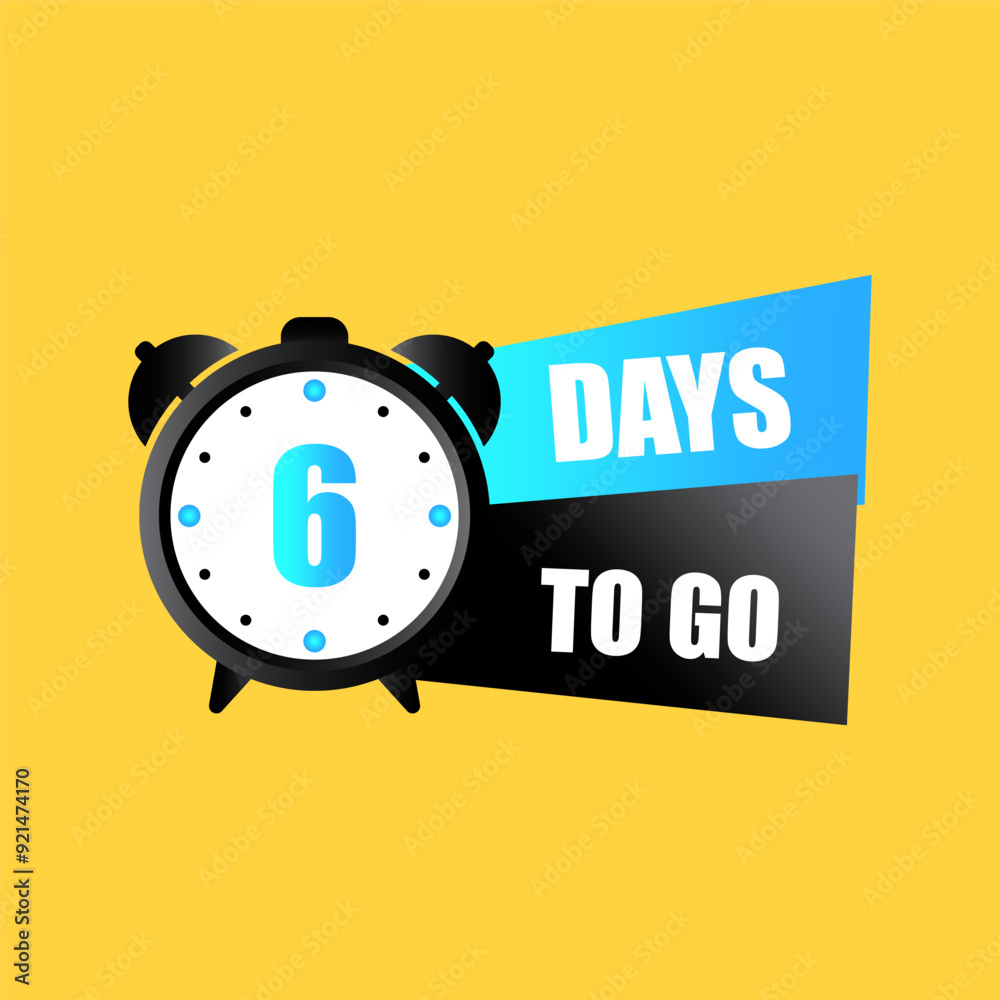 6 days to go. Countdown timer icon. Number six focus. Yellow background design.