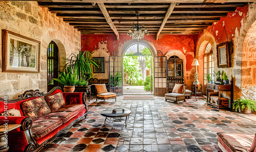 Living room of a traditional Mexican hacienda, stone walls, high ceiling with wooden beams, earthy tones, warm reds and browns, luxurious furnishings, historical and handcrafted style and green decor