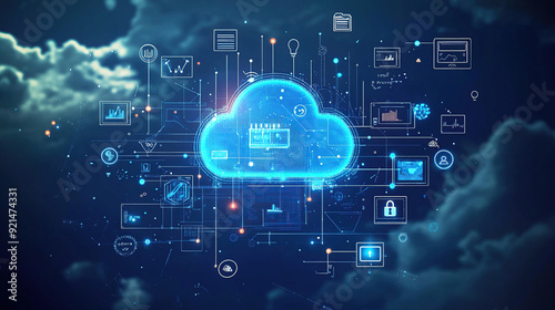 A cloud with various digital icons floating above it
