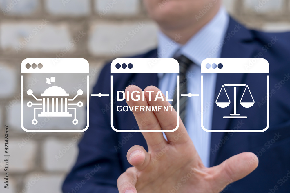 Man using virtual screen presses text: DIGITAL GOVERNMENT. Electronic ...