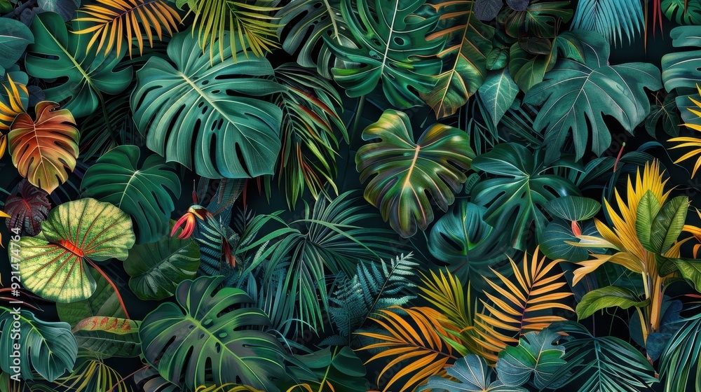 A variety of lush green leaves fills the space in a vibrant tropical jungle setting A variety of lush green leaves fills the space in a vibrant tropical jungle setting