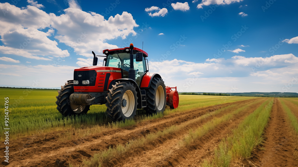 A large tractor driven by a farmer through the field. Agriculture machinery working. Created with Generative AI technology A large tractor driven by a farmer through the field. Agriculture machinery working. Created with Generative AI technology