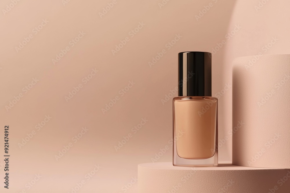 A beige foundation bottle rests on soft, pastel-colored geometric pedestals in a minimalist setting A beige foundation bottle rests on soft, pastel-colored geometric pedestals in a minimalist setting