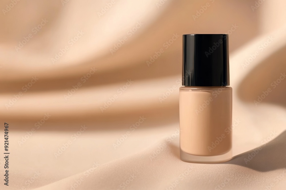A bottle of liquid foundation on soft beige fabric in natural lighting A bottle of liquid foundation on soft beige fabric in natural lighting