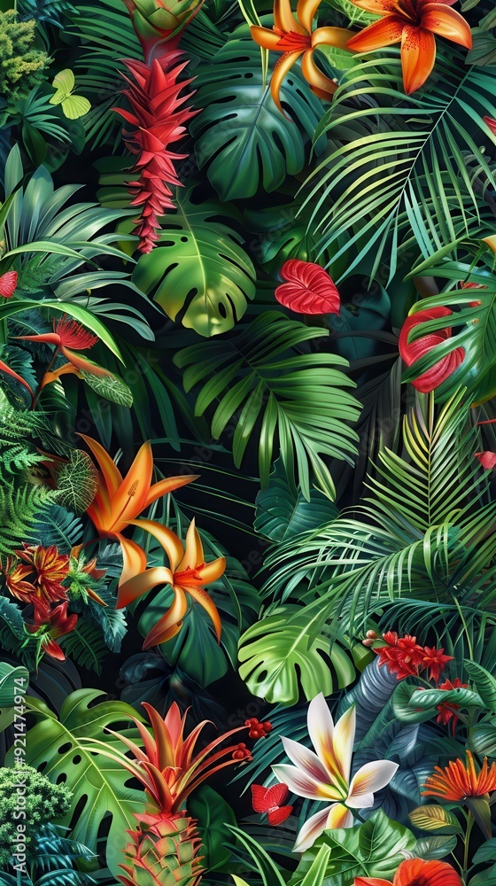 Lush tropical plants and flowers create a vibrant display of colors and textures in a rainforest setting Lush tropical plants and flowers create a vibrant display of colors and textures in a rainforest setting