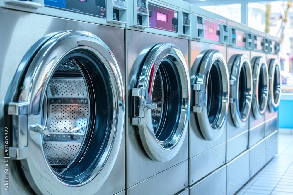 Row of modern washing machines in a bright laundromat during the day Row of modern washing machines in a bright laundromat during the day