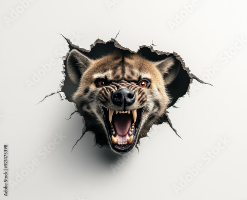 Fototapeta Naklejka Na Ścianę i Meble -  intense hyena emerging through a broken wall in 3d illustration
