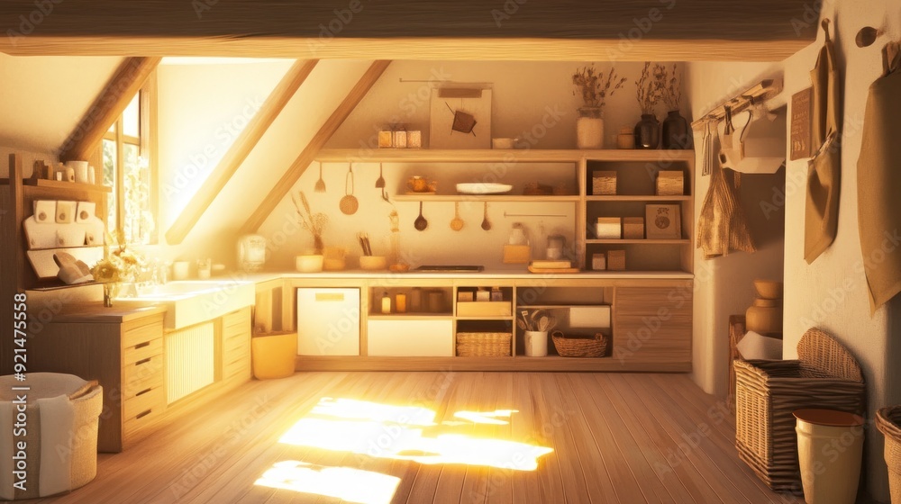 Fototapeta premium Rustic kitchen with wooden cabinets, shelves, and a window overlooking a sunny sky.