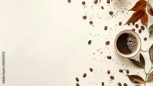 artistic coffee cup setup with scattered beans and fresh leaves photo