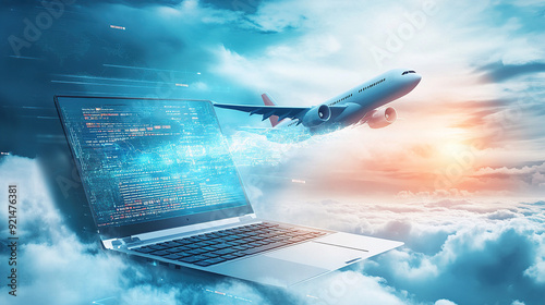 3D rendering of an airplane flying over a laptop with a digital data and cloud technology background concept