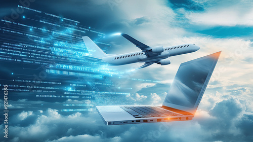 3D rendering of an airplane flying over a laptop with a digital data and cloud technology background concept