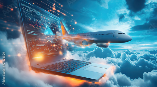 3D rendering of an airplane flying over a laptop with a digital data and cloud technology background concept