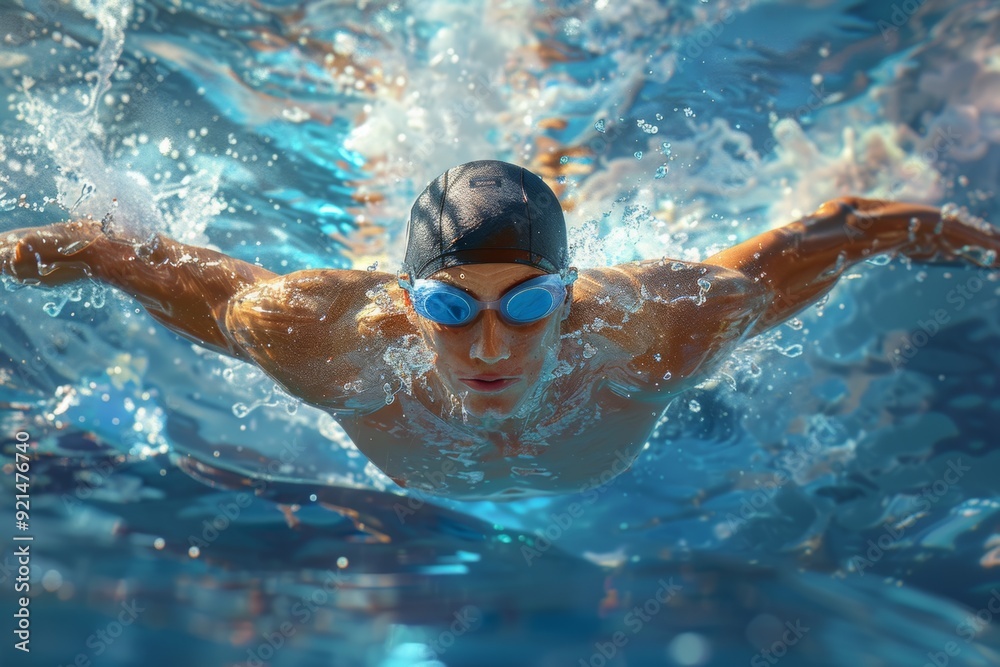 Fototapeta premium Swimmer performing butterfly stroke in a clear blue pool during a sunny day