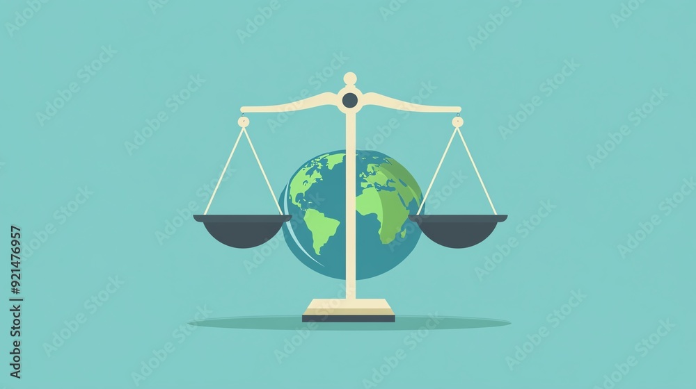 A symbolic representation of justice featuring a globe balanced on scales, illustrating global fairness and equity. A symbolic representation of justice featuring a globe balanced on scales, illustrating global fairness and equity.