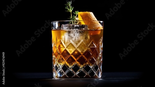 Crystal Glass with Amber Liquid, Ice, Orange Peel, and Thyme Sprig photo