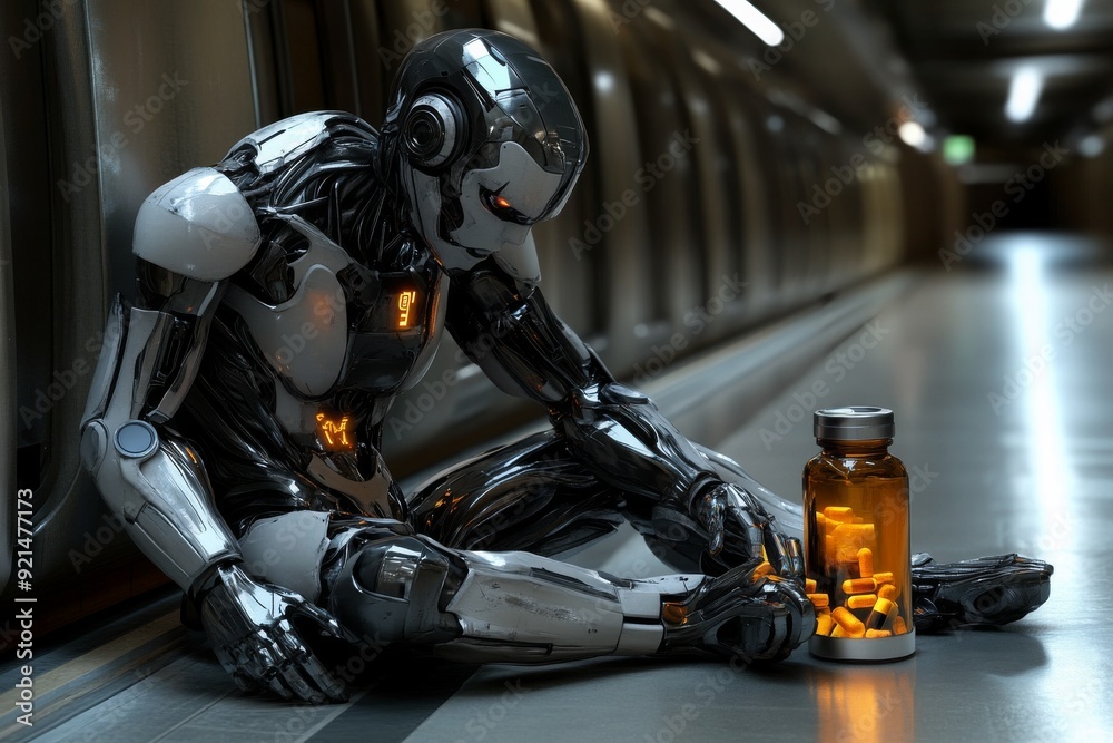 Fototapeta premium Black robotic figure in a contemplative pose with a whiskey glass blending tradition with future technologies