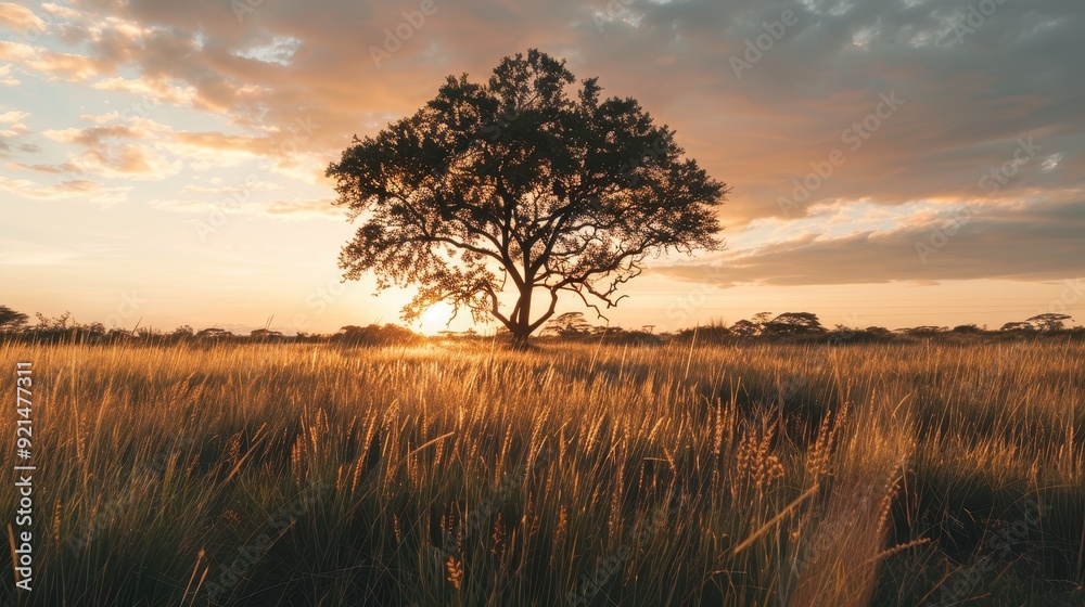 Silhouetted Tree in a Grassy Field at Sunset Silhouetted Tree in a Grassy Field at Sunset