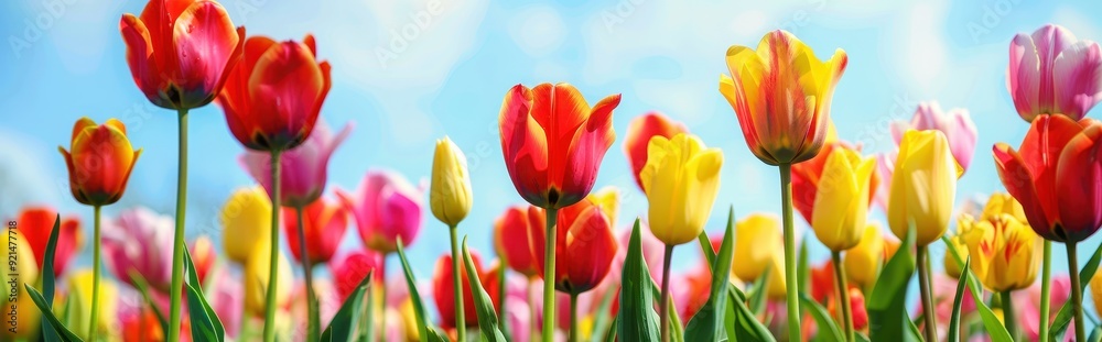 Vibrant Tulips Blooming Against a Sunny Sky Vibrant Tulips Blooming Against a Sunny Sky
