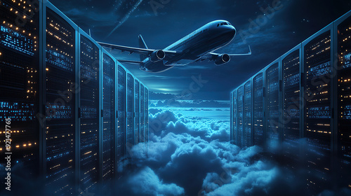digital air flight background with airplane flying over dark blue digital clouds and computer server rack in data center