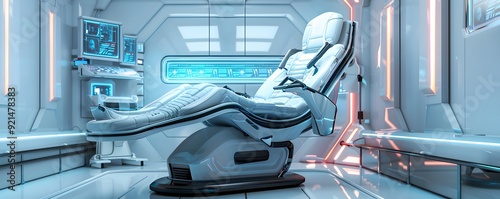 Futuristic Reclining Chair in a White Room with Glowing Lights photo