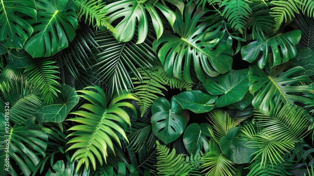 A close-up view showcasing a variety of tropical leaves in rich shades of green A close-up view showcasing a variety of tropical leaves in rich shades of green