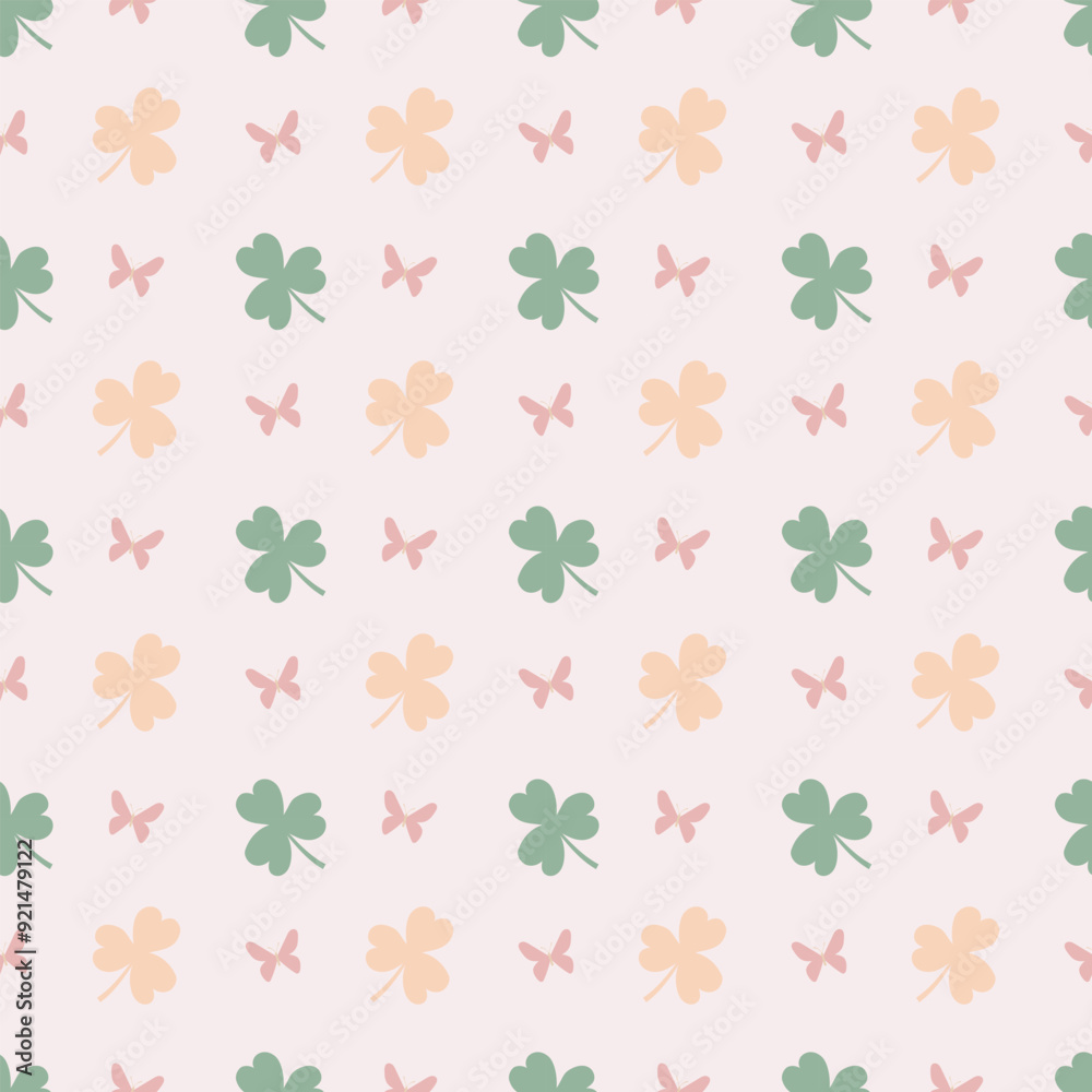 Cute kawaii clover leaves with seamless butterfly pattern with pastel background