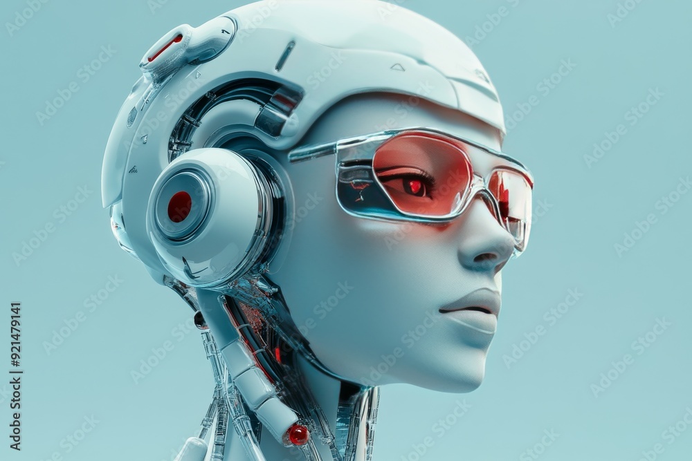Close up of a robotic head with intricate wiring and eye protection in a neon lit tech facility Close up of a robotic head with intricate wiring and eye protection in a neon lit tech facility