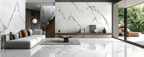 Modern Living Room Interior with White Marble Walls and Floor photo