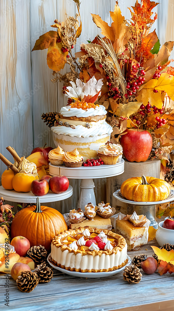 Naklejka premium 21. A creative Thanksgiving dessert display featuring pumpkin pies, apple tarts, and seasonal treats beautifully arranged 