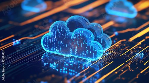 Digital technology cloud concept with glowing light particles and blue sky background