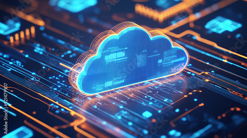 Digital technology cloud concept with glowing light particles and blue sky background