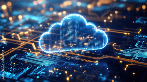 Digital technology cloud concept with glowing light particles and blue sky background